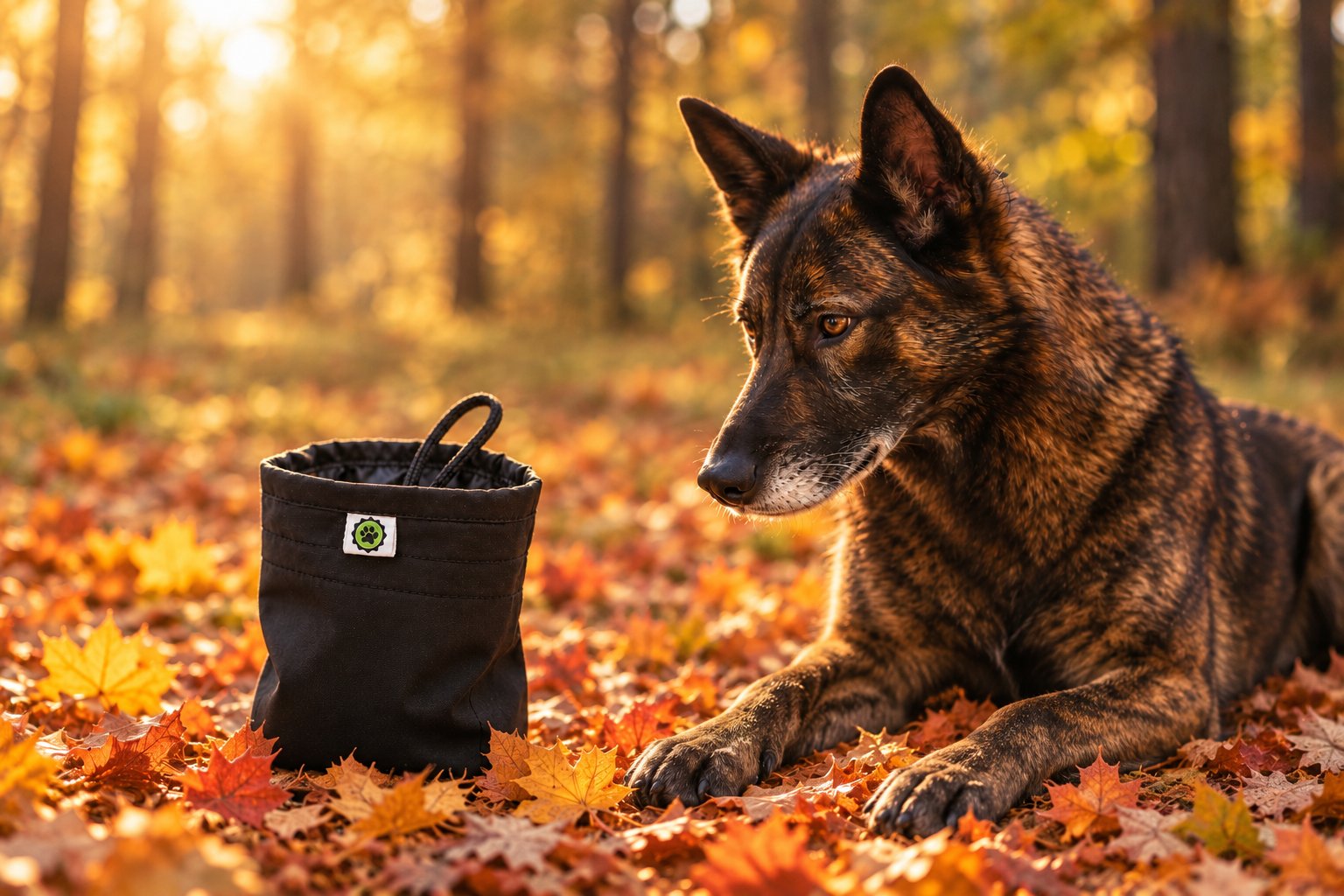 Pręgowany owczarek leży w jesiennych liściach obok torebki na smakołyki Dog Paw Control
